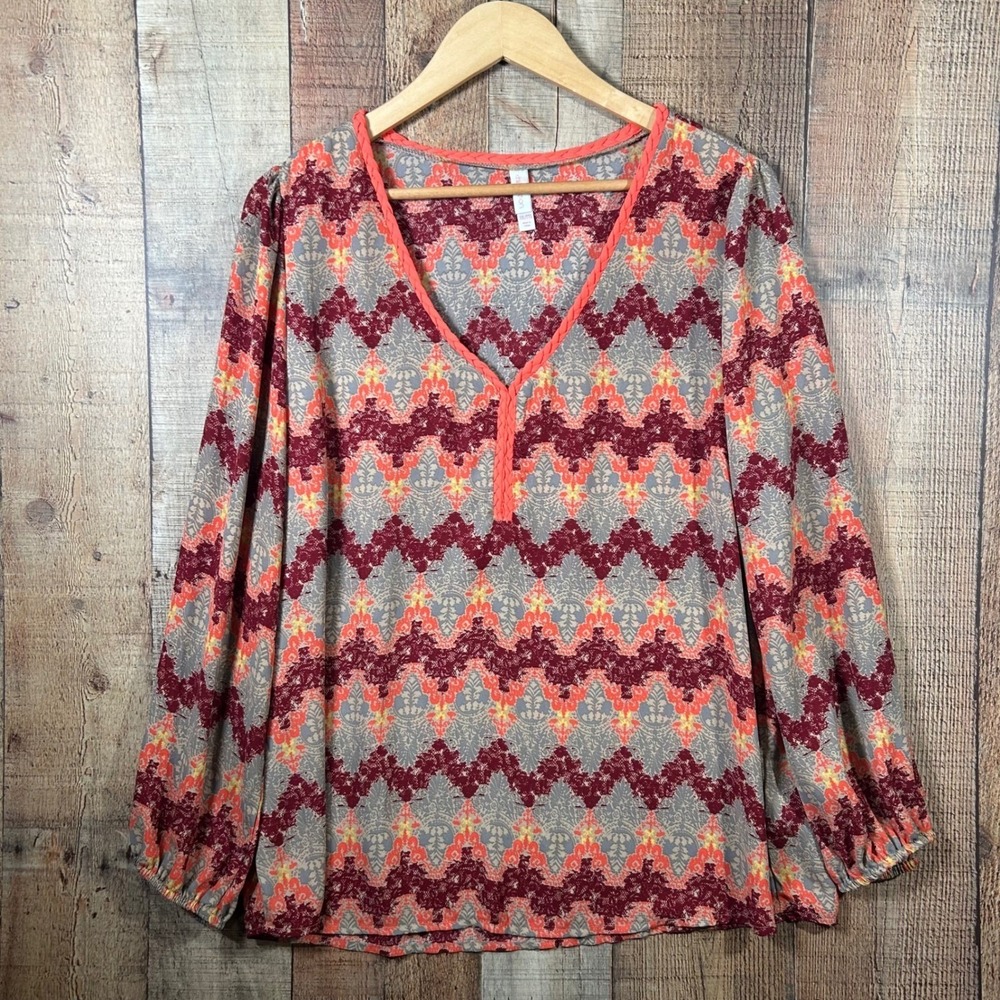 Xhilaration Plus Size XXL Chevron Boho Blouse Orange Pink Zig Zag V-Neck